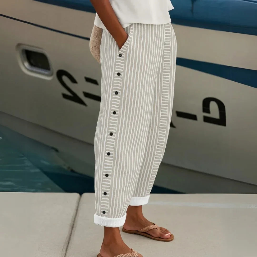 Button-Detail Striped Casual Straight Pants