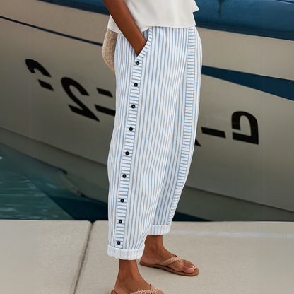 Button-Detail Striped Casual Straight Pants