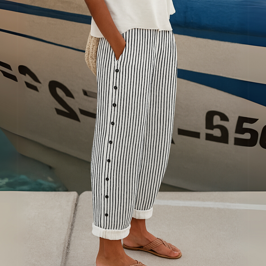 Button-Detail Striped Casual Straight Pants