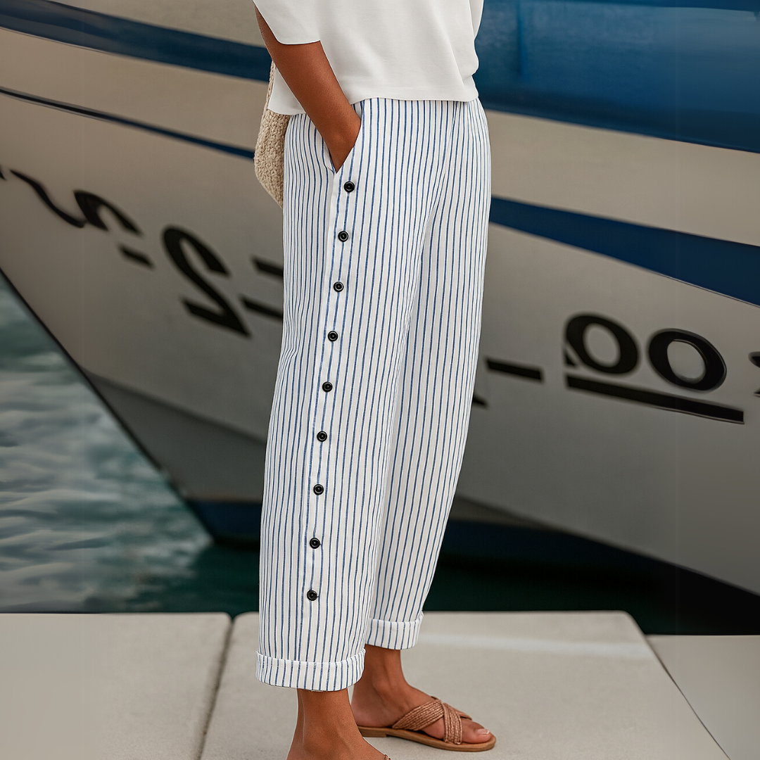 Button-Detail Striped Casual Straight Pants
