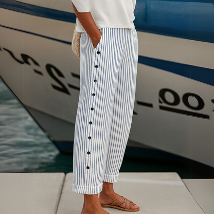 Button-Detail Striped Casual Straight Pants
