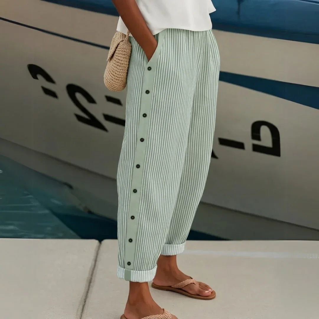 Button-Detail Striped Casual Straight Pants
