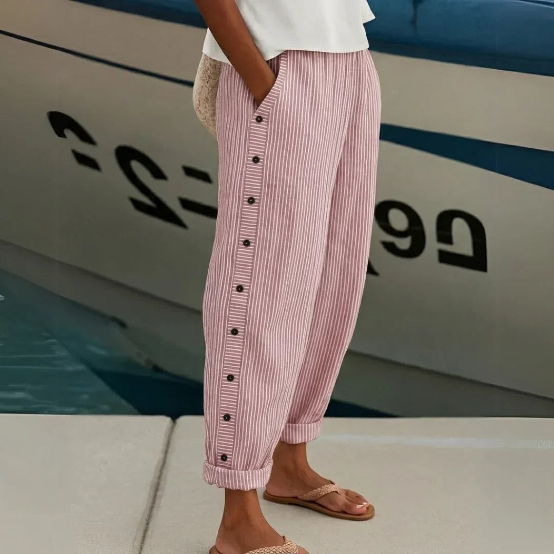 Button-Detail Striped Casual Straight Pants