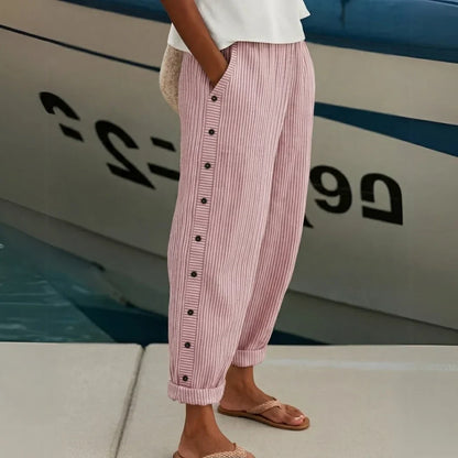 Button-Detail Striped Casual Straight Pants