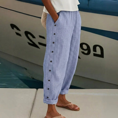 Button-Detail Striped Casual Straight Pants