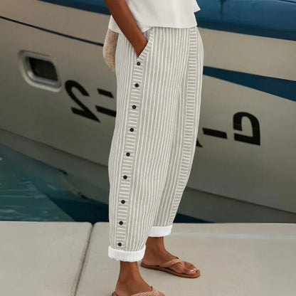 Button-Detail Striped Casual Straight Pants