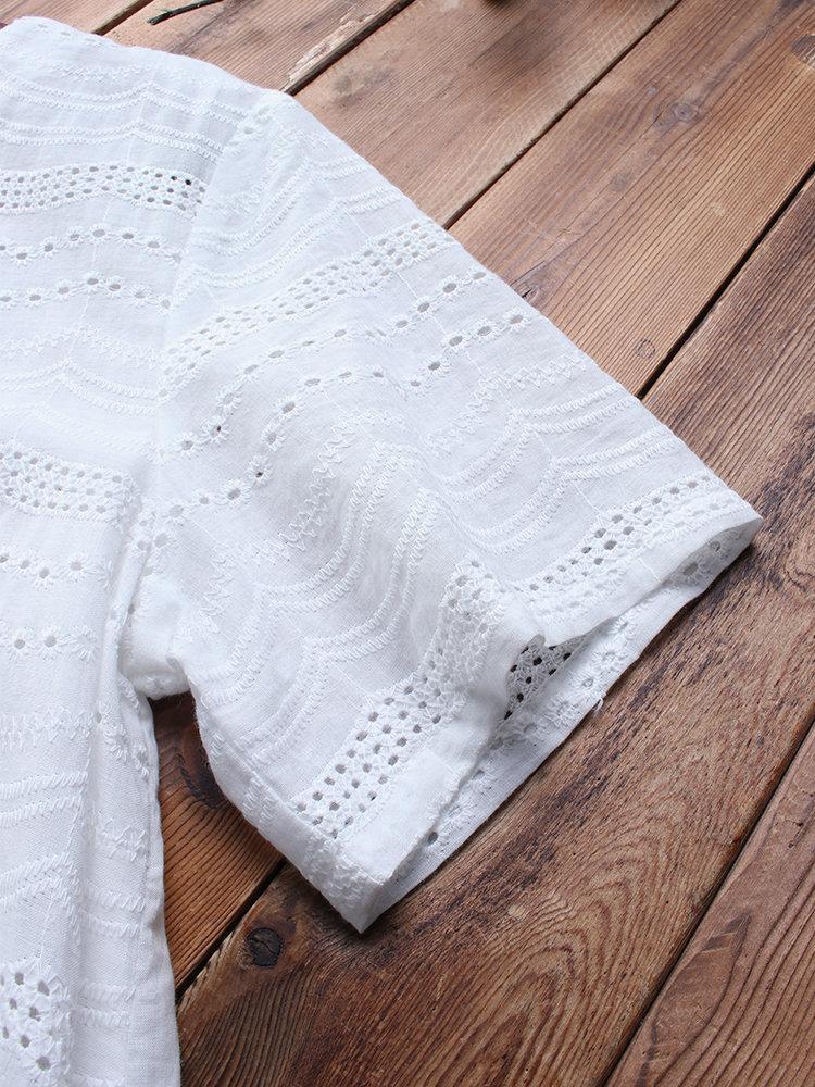 Women's Cotton Eyelet Short Sleeve Button Detail Casual Tunic Top
