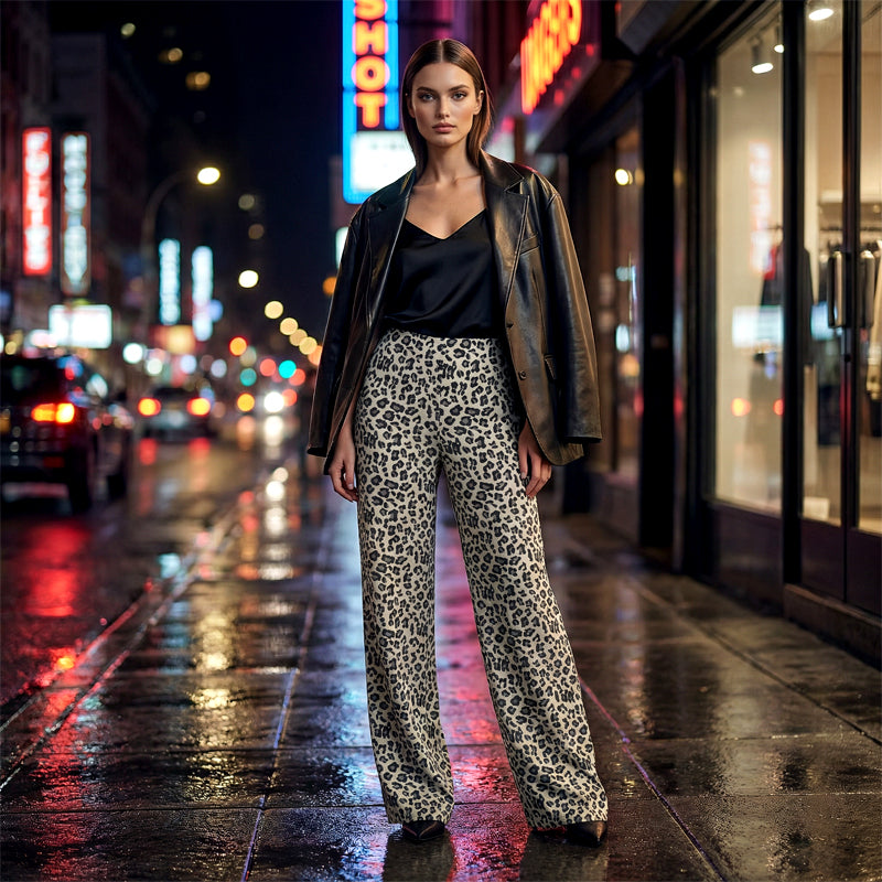 Women's High-Waist Leopard Straight-Leg Pants