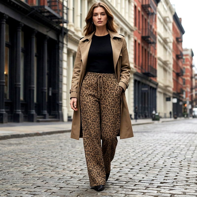 Women's High-Waist Leopard Straight-Leg Pants